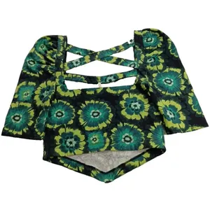 Free People Retro Hippie Green Square Neck Puff Sleeve Bandana Original! Small‎ thumbnail 2