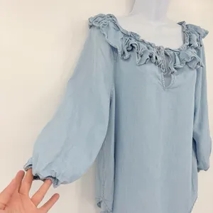 Lauren Ralph Lauren Chambray Womens Top Sz M Ruffle Peasant Boho Coastal Cottage thumbnail 4