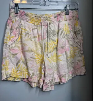 Briggs Womens Tropical Floral Linen Blend Smocked Shorts Pink Yellow Medium thumbnail 1