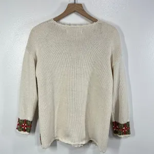 Vtg. 80s Curio & Company Hand‎ Knit Christmas Sweater Bow Garland Metallic Ramie thumbnail 2