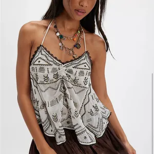 FREE PEOPLE NWT SUNSET TANK Embroidered White and Black Women's Halter Top thumbnail 1