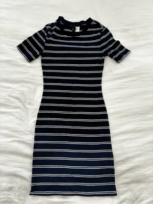 H&M Navy & White Striped Ribbed Midi Dress thumbnail 1