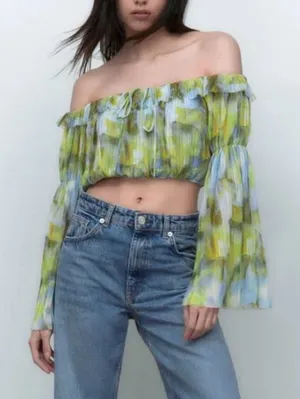 Zara Blue and Green Off-Shoulder Crop Top Size‎ M thumbnail 1