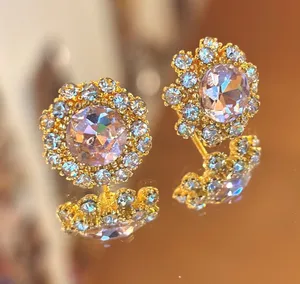 New S925 Silver Post Pink Round Crystal Sunflower Stud Earrings thumbnail 1