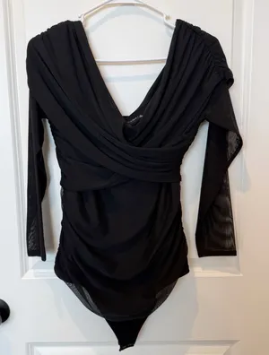 Abercrombie & Fitch Sheer Black Bodysuit Large Deep V Neck‎ Whimsy Soft thumbnail 1