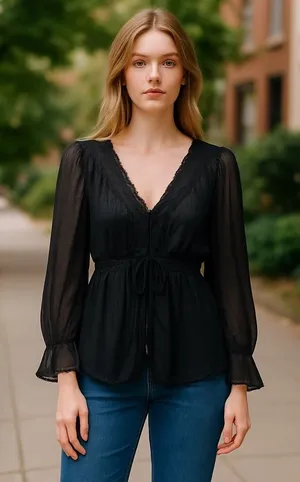 Torrid Black Sheer Long Sleeve Blouse V Neck‎ Peplum Tassel Tie Plus Size thumbnail 1