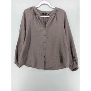 Uniqlo‎ Womens Blouse Brown Taupe Gathered V-Neck Long Sleeve Small thumbnail 2