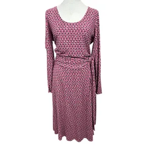 Boden‎ Silvia Long Sleeve A-line Faux Tie Wrap Dress Pink 14L Tall Geometric thumbnail 2