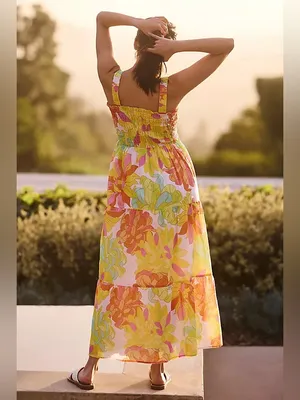 Seafolly Palm Springs Smocked Midi Dress in Lime Light Multi Floral Size Medium thumbnail 2