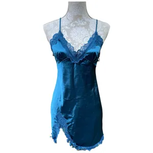Teal Blue Satin Lace Slip Dress Chemise M Y2K Lingerie Aesthetic Feminine Coquet thumbnail 4
