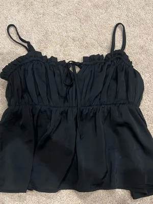 American Eagle Black Smocked Cami Top with Ruffled Edge thumbnail 2