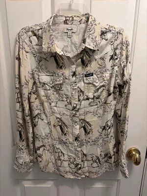 Wrangler Women Retro Western Pearl Snap Shirt Horse Print Cream Size Small S thumbnail 1