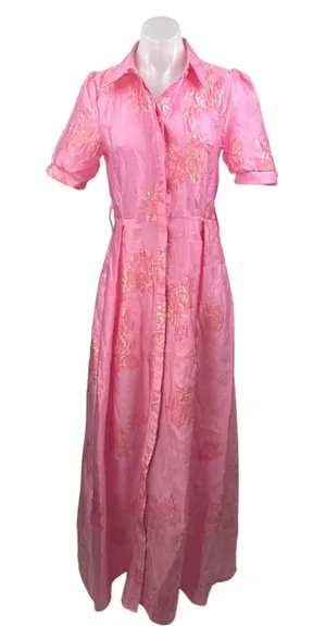 Women's Floral Jacquard Short Sleeve Button Up A Line Maxi Shirt Dress Size S thumbnail 1