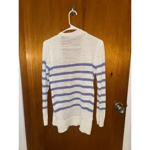 Loft Womens SM Open Front Cardigan Blue‎ White Striped Lightweight Slub Knit (C) thumbnail 2