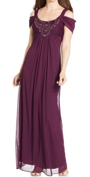 NWT Alex‎ Evenings Plum Purple Beaded Cold Shoulder Chiffon Maxi Dress Size 6 thumbnail 1
