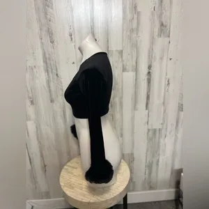 XS Black Velvet Zip Front Crop Top w/ Fur Cuff Sleeves | Long Sleeve Party Top thumbnail 3