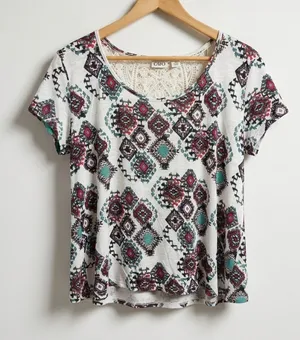 Cato White Short Sleeve Top with Teal and Burgundy Geo Print Crochet Detail Back thumbnail 1