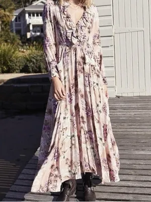 Revolve Jaase Chantal Boho Floral Ruffle Romantic Maxi Dress Peach Pink Handcrafted M thumbnail 3