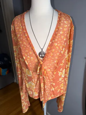 Free People Coral Floral Tie-Front Blouse thumbnail 1