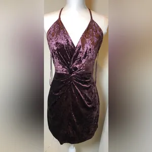 Zara NWT Deep Plum Velvet Halter Mini Dress thumbnail 3