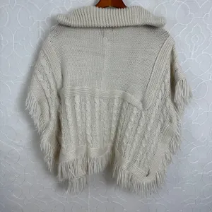 Madden NYC Womens Ruana Sweater OS Cream Open Front Fringe Cable Knit Poncho thumbnail 5