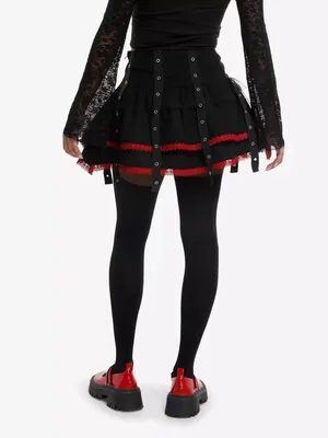 Hot Topic NWT Black & Red Lace Up Goth Punk Grommet Tiered Skirt 1 (XL) thumbnail 2
