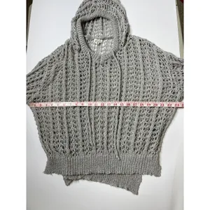 POL Open Knit Hooded Sweater Small Gray Boho Crochet Lightweight Top thumbnail 6