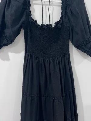 Hill House Black Smocked Puff Sleeve Midi Nap Dress S thumbnail 2