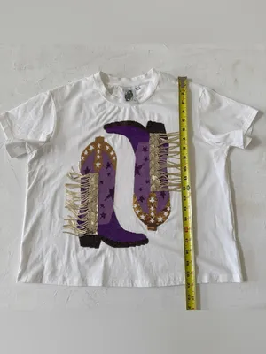 Queen of Sparkles Womens Medium Purple Sequin Cowboy‎ Boot Fringe Western Tee XS thumbnail 9