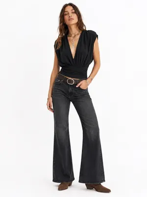 Free People Womens Going Out Black Mesh Sleeve Crop Top Black XS thumbnail 2