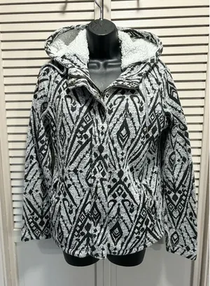 Billabong Light Gray/Black Aztec Zip Up‎ Fabric Hood Jacket Size S Pocket Logo thumbnail 1