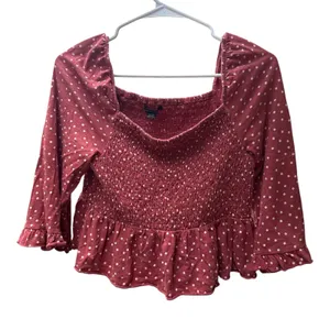Y2K Dusty Rose Polka Dot‎ Smocked Peplum Square Neck Top Bell Sleeve thumbnail 2