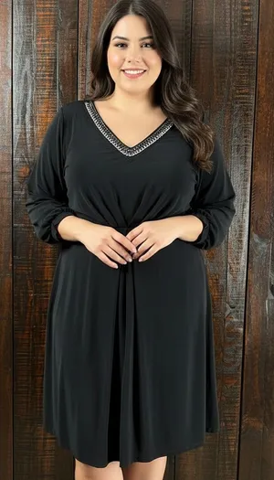NY Collection Black V-Neck Jersey Dress with Chain Trim NWT 1X thumbnail 1