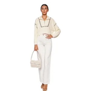 Staud Hampton Cropped Sweater Cream and Navy Blue Stitch thumbnail 9