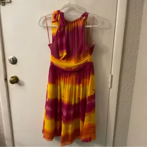 Express Silk Sunburst Tie Dye Shoulder Dress 4 Dopamine Rainbowcore Barbie Boho thumbnail 4