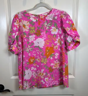 JODIFL Floral Tunic Top Medium Hot Pink Boho‎ Boutique Blouse Coastal Resort thumbnail 1