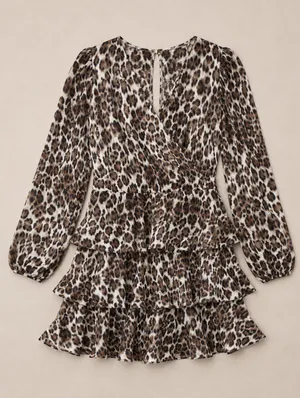 Cupshe Leopard Mini Dress Tiered Flounce & Ruffle Bishop Sleeve Brown Sm Mobwife thumbnail 2
