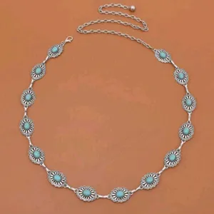 Turquoise Antiqued Style Silver Metal Belt With Carnelian Stone Inlay & Engraved thumbnail 5