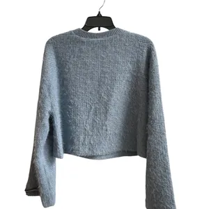ZARA Fuzzy Knit Sweater Blue Long Bell Sleeves Cropped Top‎ Women's Large NWT thumbnail 4