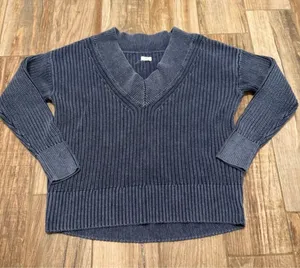 Aerie Women’s Chunky Knit Pullover Sweater Blue Boho V Neck Cozy thumbnail 1