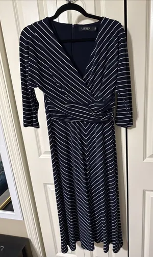 Lauren Ralph Lauren Navy And White Striped Jersey Midi Dress W 3/4 Sleeve Sz 4 thumbnail 1