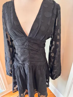 ASOS Black Sheer Dot Dress Vneck Mini 6 S Cocktail LBD thumbnail 3