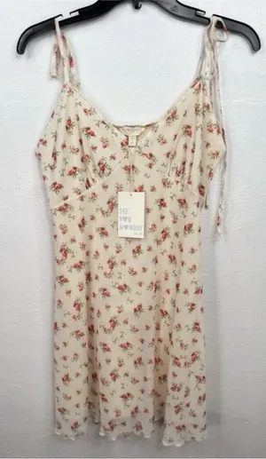 See You Monday Mini Slip Dress Womens XL Ivory Pink Floral Rose Tie Straps thumbnail 1