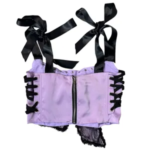 Dolls Kill Bow Lace Up Corset Top Size S Purple Black Ribbon Spikes Safety Pin thumbnail 7