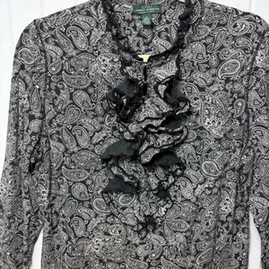 Ralph Lauren Black White Paisley‎ Ruffle Front Long Sleeve Cotton Blouse Size XL thumbnail 5
