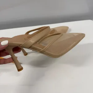 Nude Mesh Pointed Toe Mules Double Strap Stiletto Heels Beige Size 8.5 Tan thumbnail 6