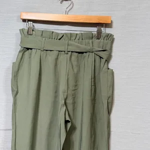 Zara TRF Sage Green Paperbag Waist Tapered Cuffed Pants Small Tie Belt High Rise thumbnail 5