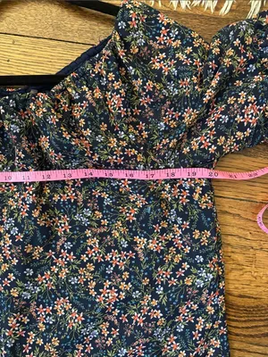 1.STATE Floral Off-Shoulder Ruffle Sleeve Blouse Navy Blue Pink Size L Cottage thumbnail 5