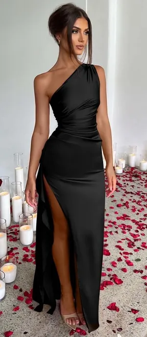 One-Shoulder Black Evening Gown with High Thigh Slit S thumbnail 1