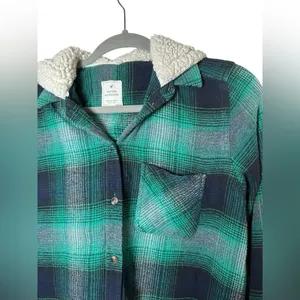 American Eagle Vintage Boyfriend Plaid Hooded Shirt Jacket Green/Navy‎ Size S thumbnail 6
